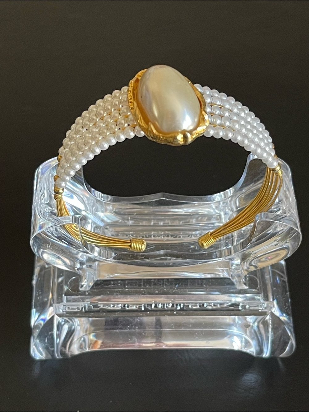 Vintage Gold  tone and faux Pearl Statement Cuff Bracelet